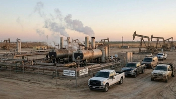 Thermal enhanced oil recovery site with steam equipment and pumpjacks