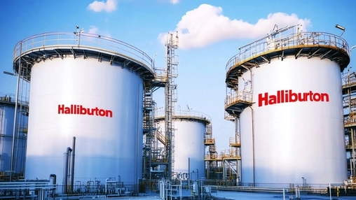 Halliburton-branded cylindrical storage tanks with pipework and access ladders at a petroleum processing plant