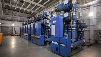 Row of blue industrial gas processing modules inside a warehouse with high ceilings