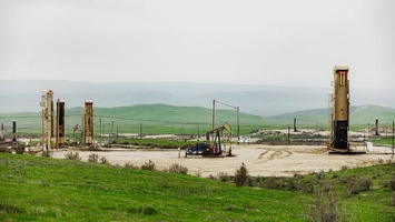 Multiple pump jacks spread across a green oilfield on a cloudy overcast day with low hills in the distance